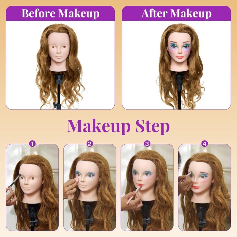 Skiennix 28" Mannequin Head - 80% Real Human Hair for Makeup Practice & Cosmetology Training