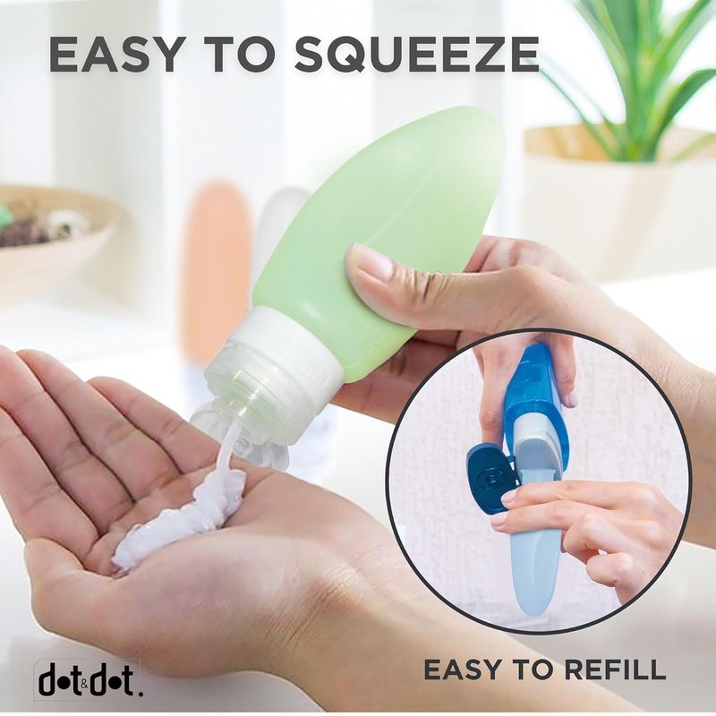 Dot&Dot Leak Proof Travel Bottles - Tubes for Liquid TSA Approved 3oz Silicone Toiletries Travel Shampoo & Conditioner Containers with Labels