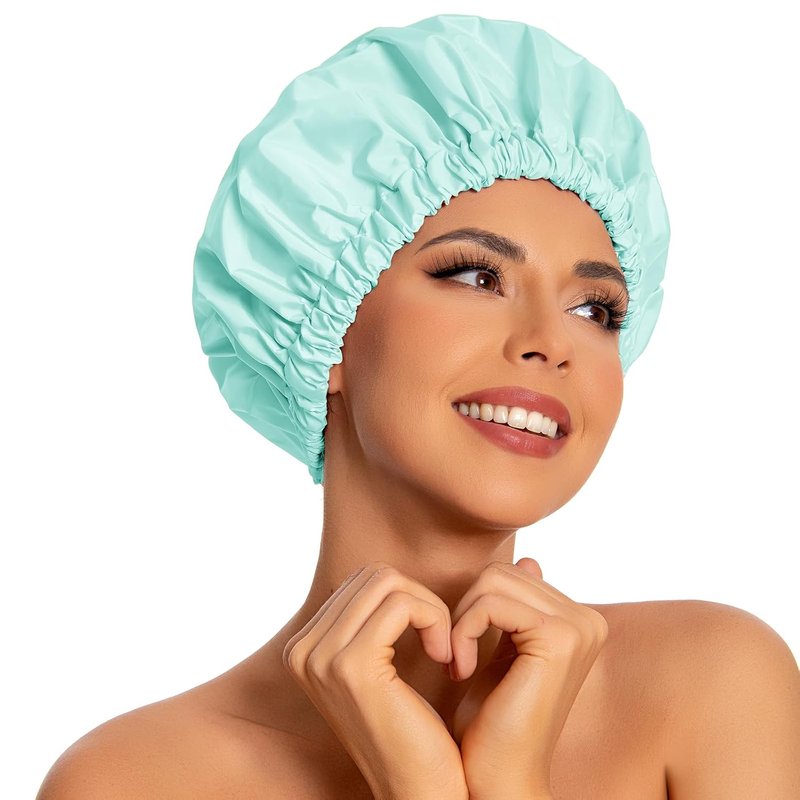 Reusable Shower Cap for Women - Large Waterproof Hair Bonnet | Elastic Band, Washable for Long Curly Hair - Mint Green