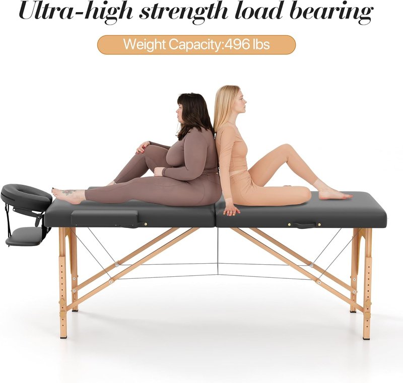 Portable Massage Table - 2 Section Foldable Tattoo Bed | Height Adjustable Lash Spa Bed with Face Cradle - Black