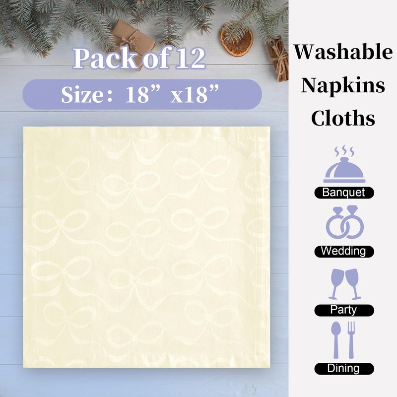Pink Bow Napkins (18"x18"), Table Napkins Cloth Pack of 12 - Cotton & Polyester Blended, Wrinkle/Fade Resistant - Reusable Napkins Washable, Luxury Jacquard Napkins for Engagement Party & Wedding