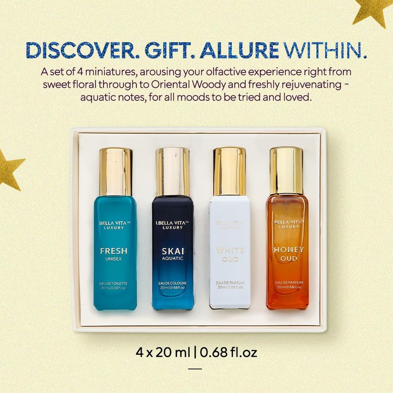 Bellavita Luxury Unisex Perfume Gift Set with Honey Oud, White Oud, Skai, and Fresh | 80ml | Perfume for Men and Women | Honey, Artemisia Lemon, Bergamot, and Sweet Almond Notes | Women's Day Special