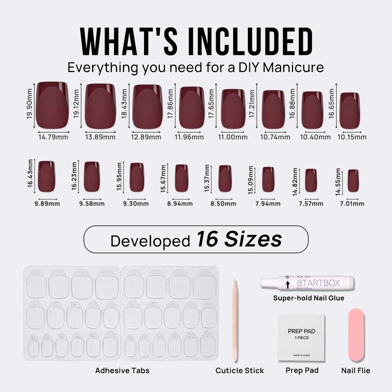 BTArtbox Press on Nails Short Square - Dark Red Nails with Glossy French Tips in a Matte Finish, Soft Gel Fake Nails Glue On Nails in 16 Sizes, Cozy Cocoa