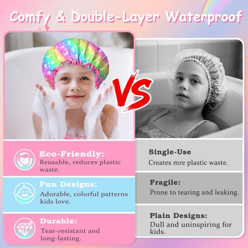 Shower Cap for Kids Reusable Waterproof, 1 Pack Unicorn Toddler Shower Cap for Girls, Cute Elastic Hair Cap for Shower