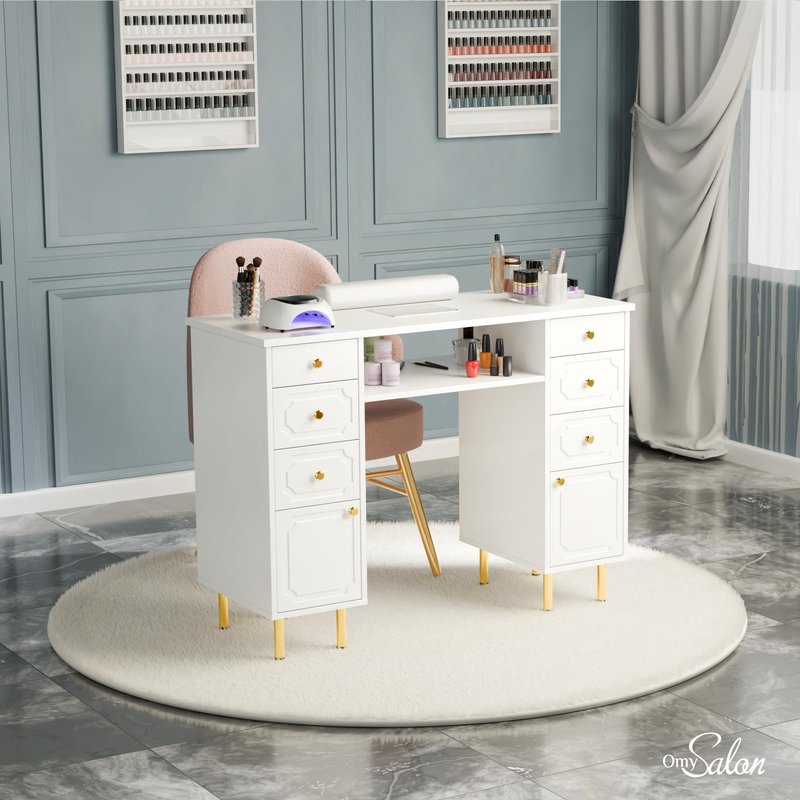 OmySalon White & Gold Accent Nail Desk for Nail Tech, Manicure Table with Electric Dust Collector, Storage Drawers & Wrist Cushion, Acetone Resistant for Salon and Home Nail Station