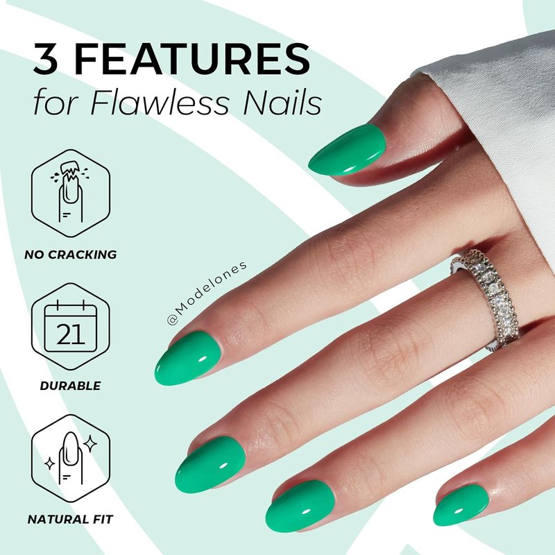 Modelones Bright Green Oval Press-On Nails Kit - 32 Pcs with Glue, File & Prep Pad | Perfect Spring Gift for Women