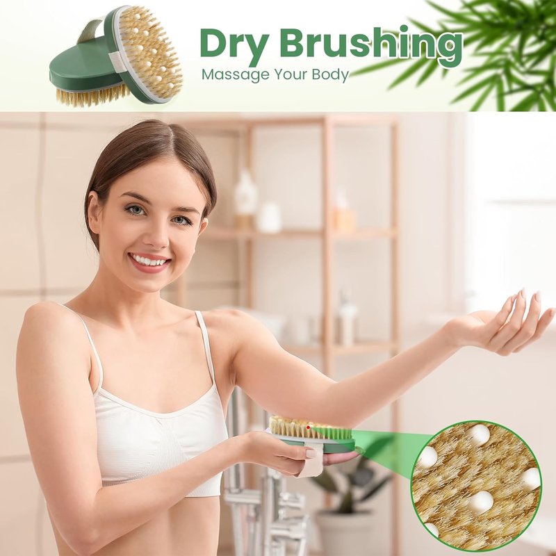 Gejoy Dry Brushing Body Brush Set - 10 Exfoliating Brushes for Lymphatic Drainage & Cellulite | Sage Green (4.92 x 2.56 Inches)