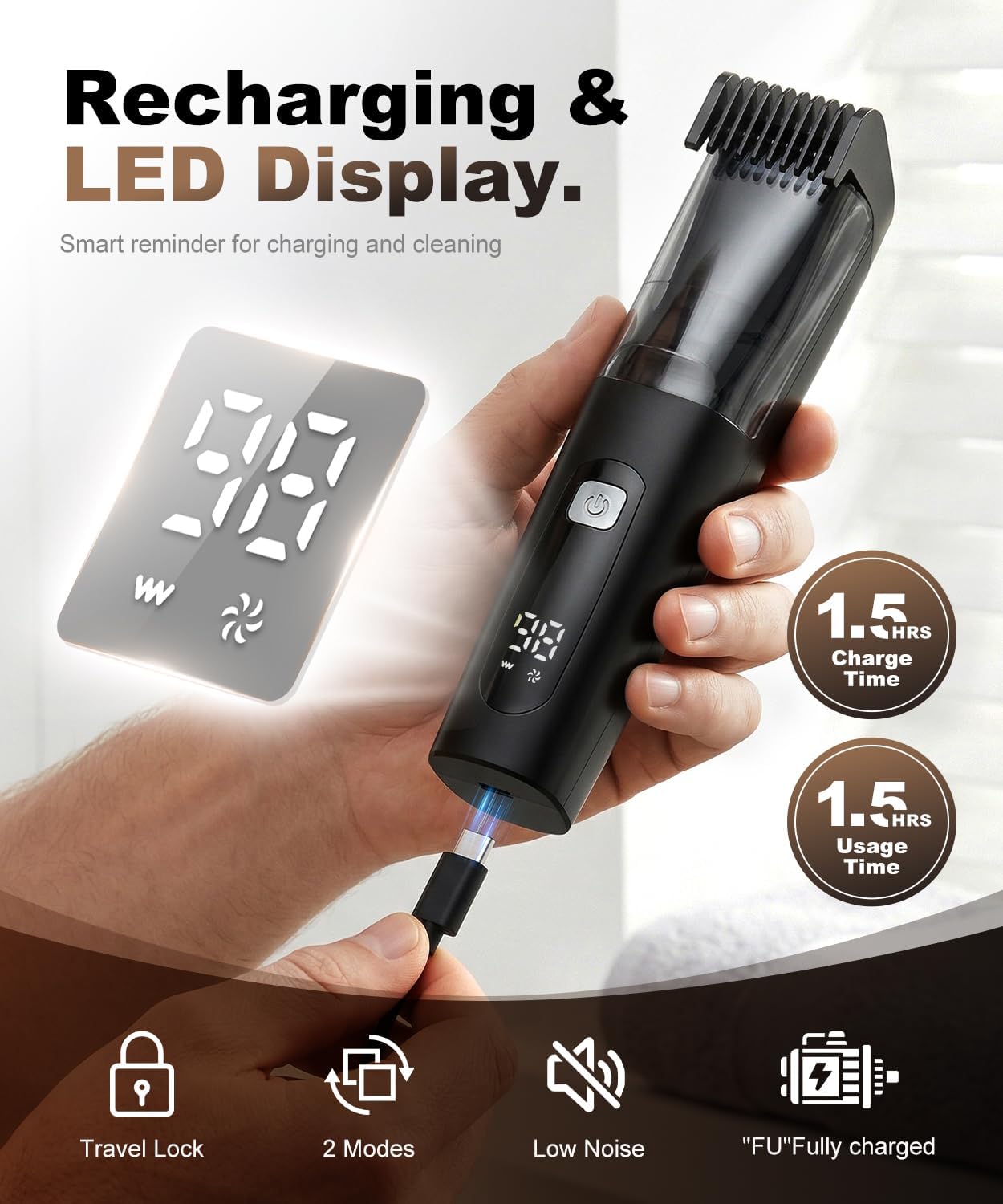 Skiennix Vacuum Beard Trimmer - No Mess Trimming with 40 Lengths, Waterproof, LED Display, USB-C Grooming Kit