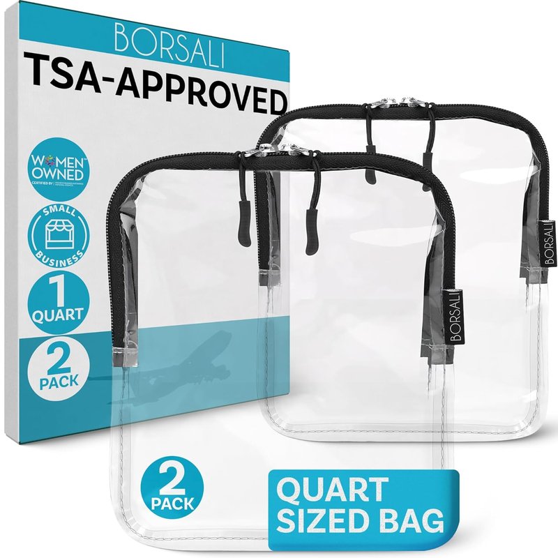 BORSALI TSA Approved Clear Toiletry Bag - Quart Size for 3-1-1 Liquids | Travel Organizer - 2 Pack