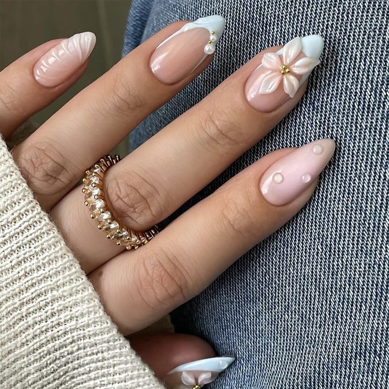24Pcs Blue Flower Press on Nails Almond Medium French Tip Fake Nail 3D Flower with Pearl Designs Spring False Nails Artificial Acrylic Full Cover Glue on Nails Cute Stick on Nails for Women Manicure