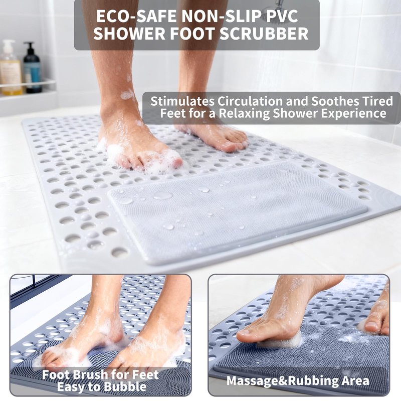 Merleu Bath Tub Shower Mat with Soft Shower Foot Scrubber Mat for Massage,Non Slip Bathtub Mat with Strong Suction Cups, Silicone Shower Foot Scrubber Mat (Dusty Blue, 31.5" X 19.7"(Rectangular))