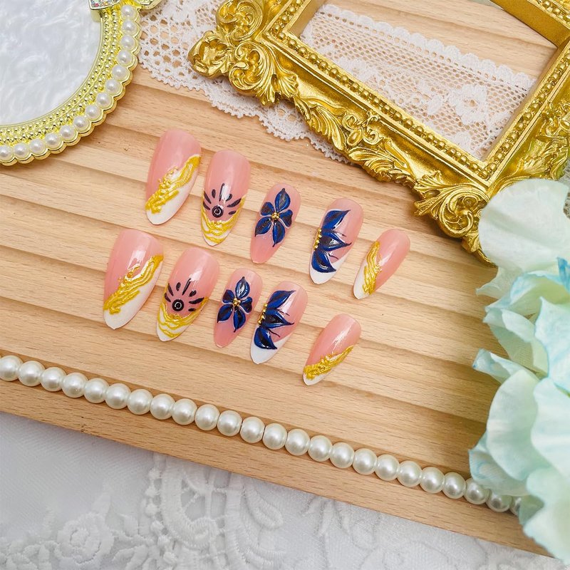 Blue Floral Press-On Nails - Almond Shape Chrome Gold French Tip | 24 Pcs Full Cover Acrylic for Weddings & Daily DIY Nail Art