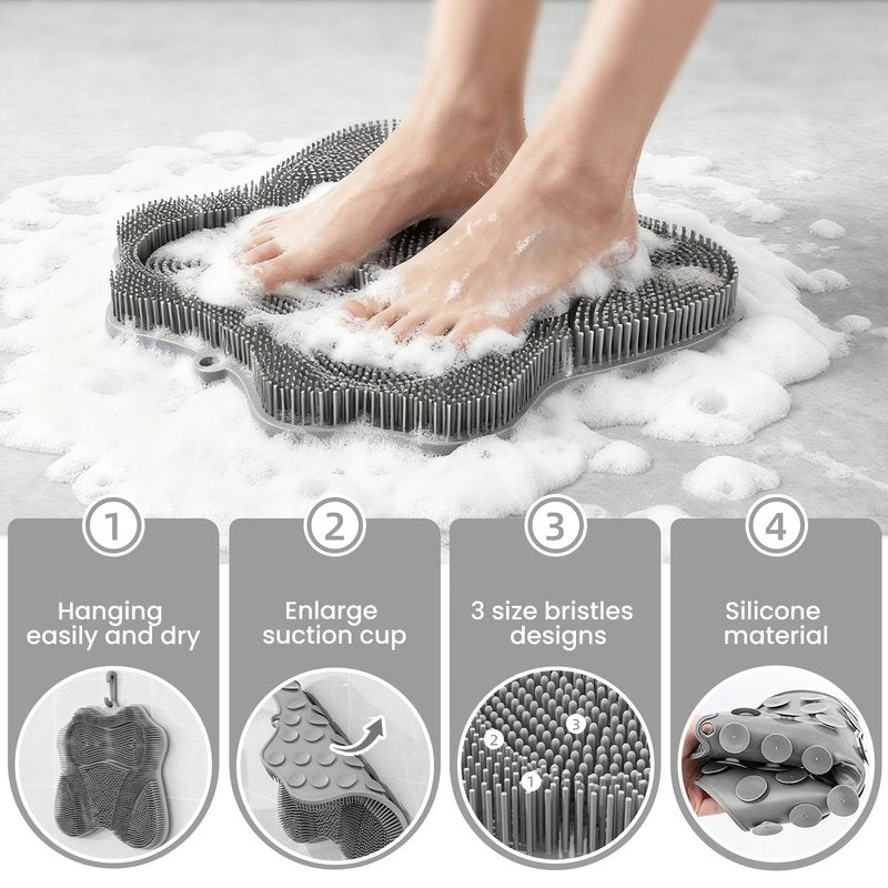 SEPZFTT Shower Foot Scrubber Mat with Wall Mount Suction Cups, Foot and Back Scrubber for Use in Shower for Improve Skin Exfoliation (Grey)