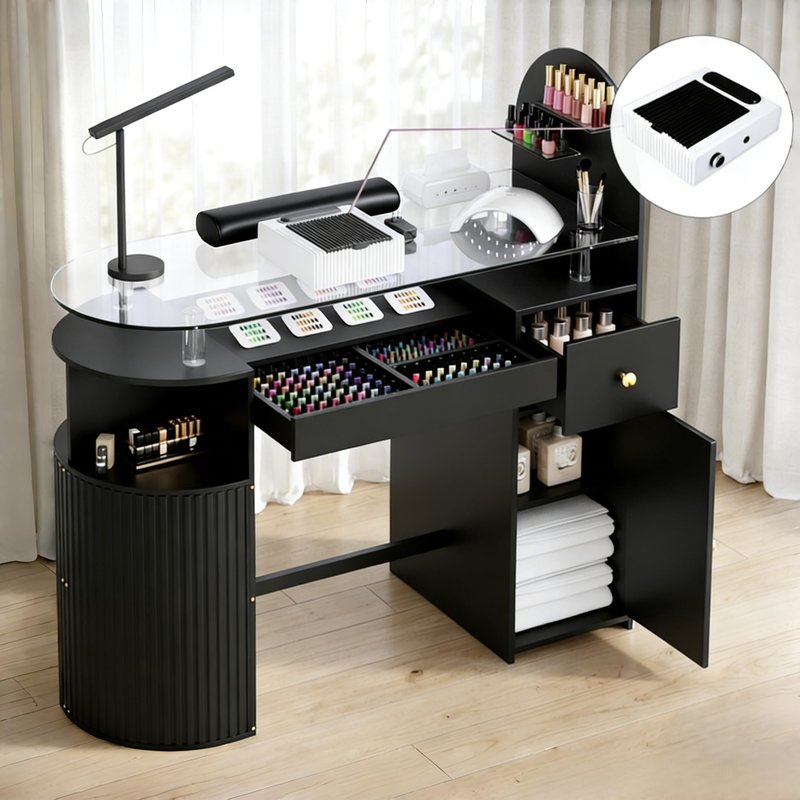 HolaiNail Manicure Table Nail Station with Tempered Glass Top, Professional Nail Tech Desk with Storage Cabinet & Drawer, Acetone Resistant, for Nail Beauty Salon Workstation(Black)