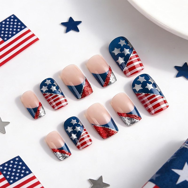 Press On Nails - Medium Square Red White Stripes & Silver Glitter | 24Pcs Full Cover Independence Day French Tip