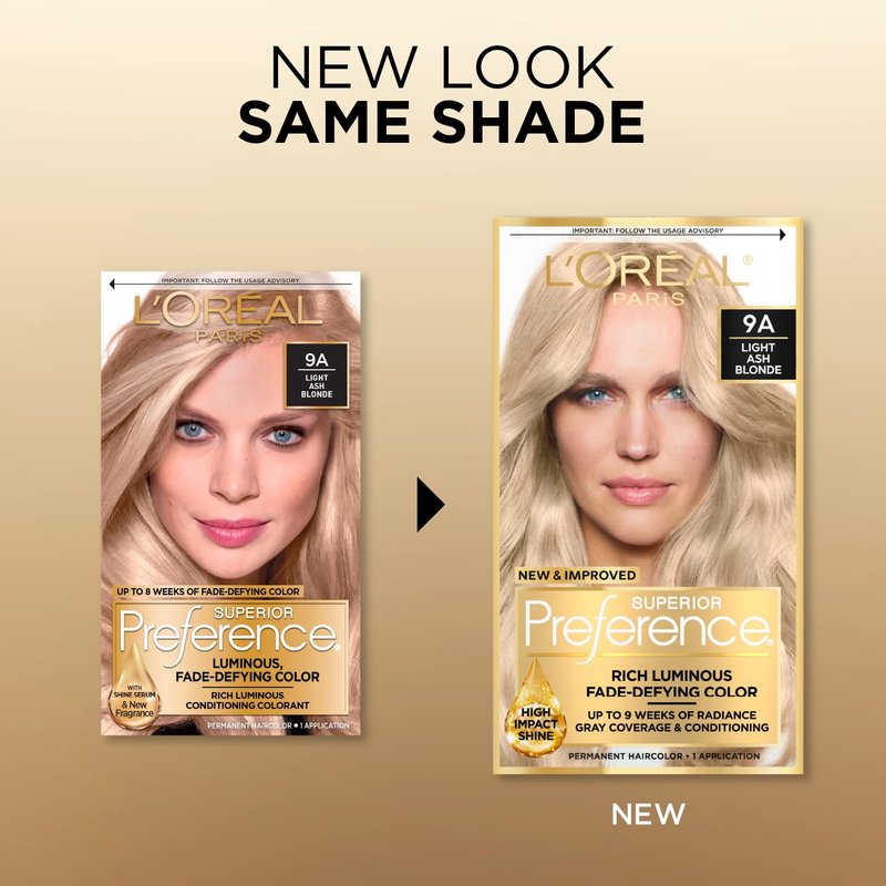 L'Oreal Paris Superior Preference Luminous Fade-Defying Permanent Hair Color, Hair Dye For Up to 9 Weeks of Radiance, Light Ash Blonde 9A, 1 Hair Dye Kit (Pack of 2)