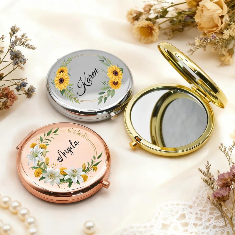 KeenlyMade Personalized Compact Travel Mirror with Floral and Name, Double-Sided Folding Handheld Mirror for Purse, Gifts for Mothers Day from Daughter/Son