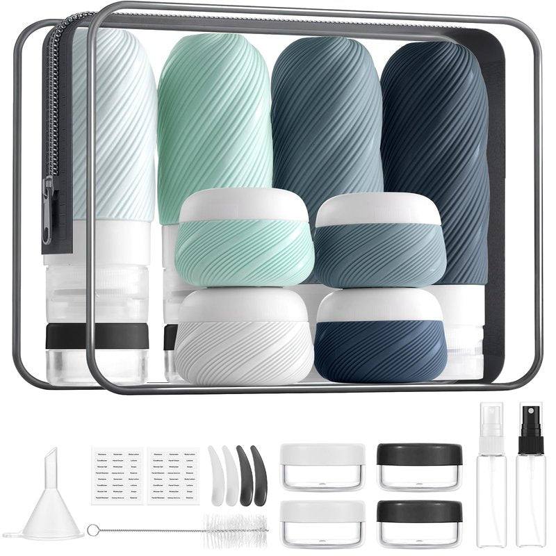 LitBear 23 Pack TSA Approved Travel Bottles for Toiletries, Leak Proof Refillable Travel Size Containers Kit with Silicone Squeezable Bottles Jars for Shampoo Lotion Conditioner, in Clear Bag, Gray