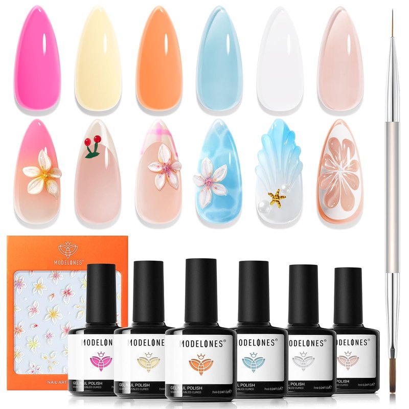 Modelones Gel Nail Polish Set, 6 Colors 2026 Summer Clear Blue Blooming Gel Polish Creamy White Pastel Yellow Pink Orange Nude Jelly Nail Polish W Flower Stickers & Liner Nail Brush LED DIY Gift