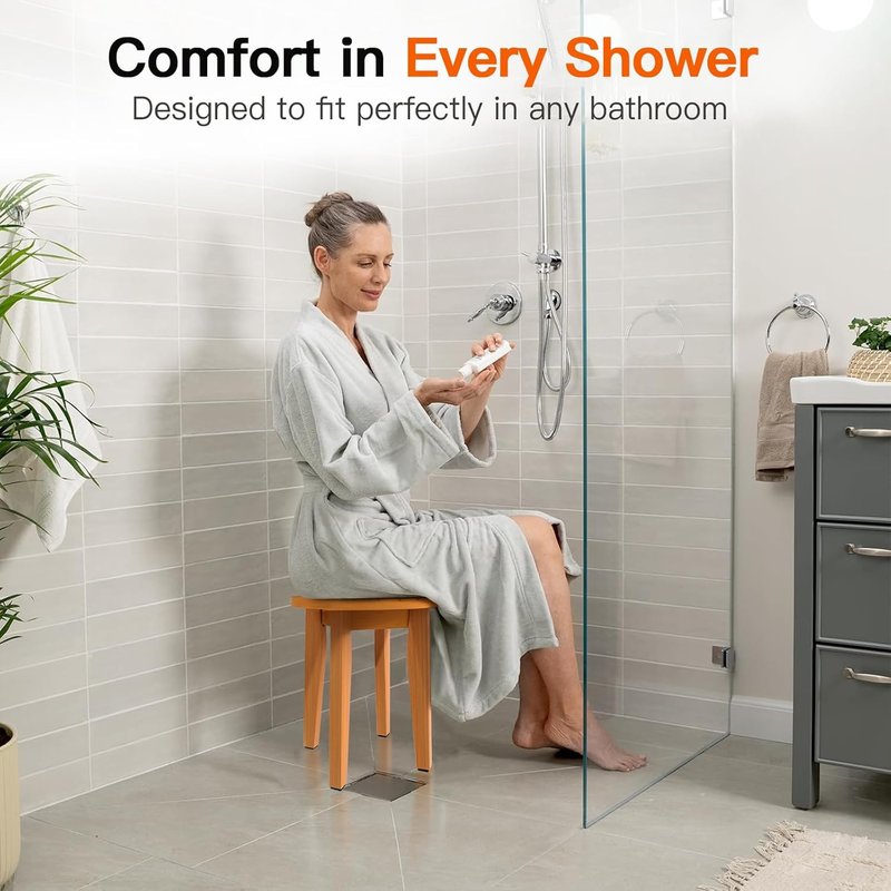 Skiennix 16-Inch Bamboo Shower Stool - Waterproof Bathroom Chair with Corner Design (Honey Bamboo, XL)