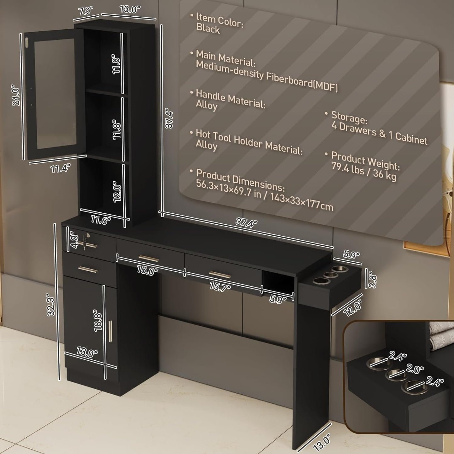 Skiennix Salon Station - Wall Mount Barber Cabinet with 3 Hair Dryer Holders & Storage Drawers | Black