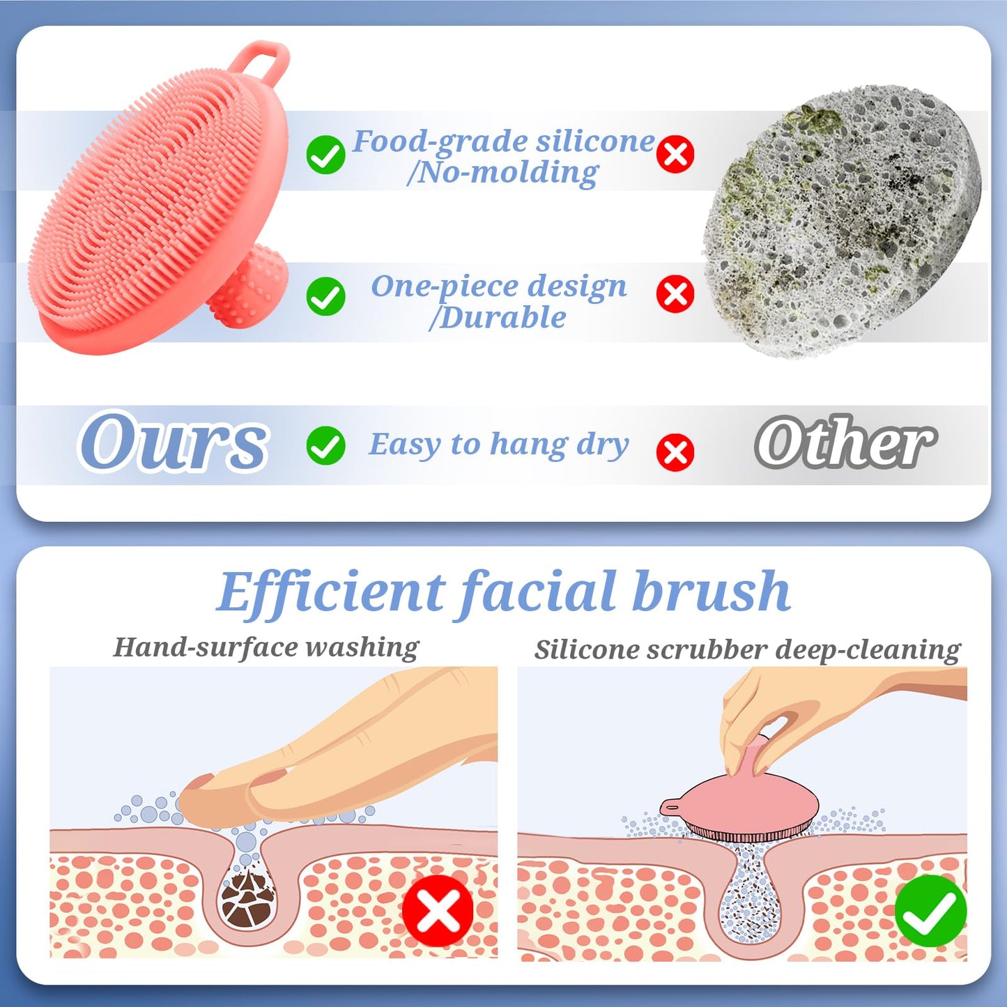 GEENOA Adjustable Silicone Back & Face Scrubber Set, 16''-24'' Extendable Shower Back Scrubber with Dual-Side Head and Lathering Bristles, Manual Face Scrubber with Soft Bristle Non-Slip Handle(Pink)