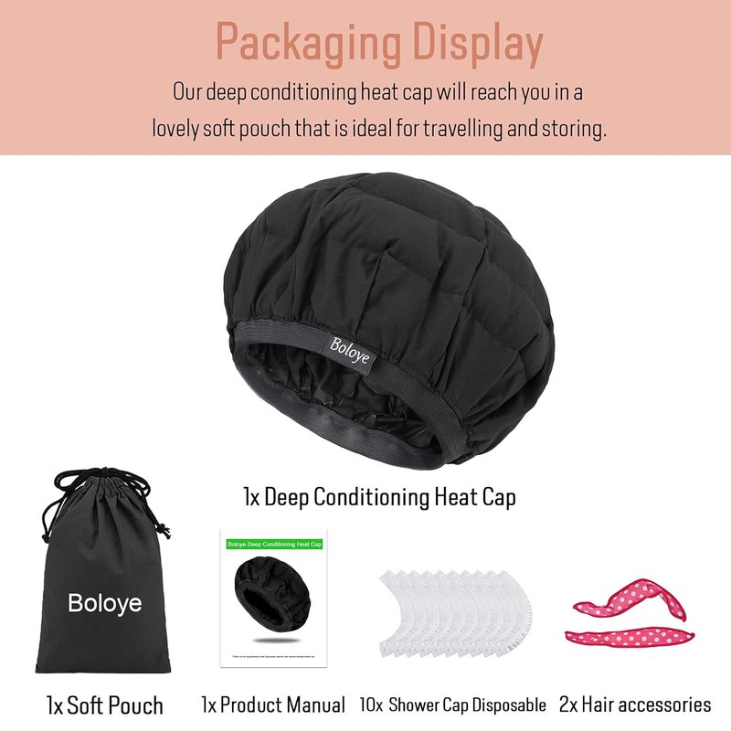 Boloye Flaxseed Deep Conditioning Heat Cap - Cordless Microwave Hot Cap for Natural Curly Hair | Universal Size (10 PCS) - Black