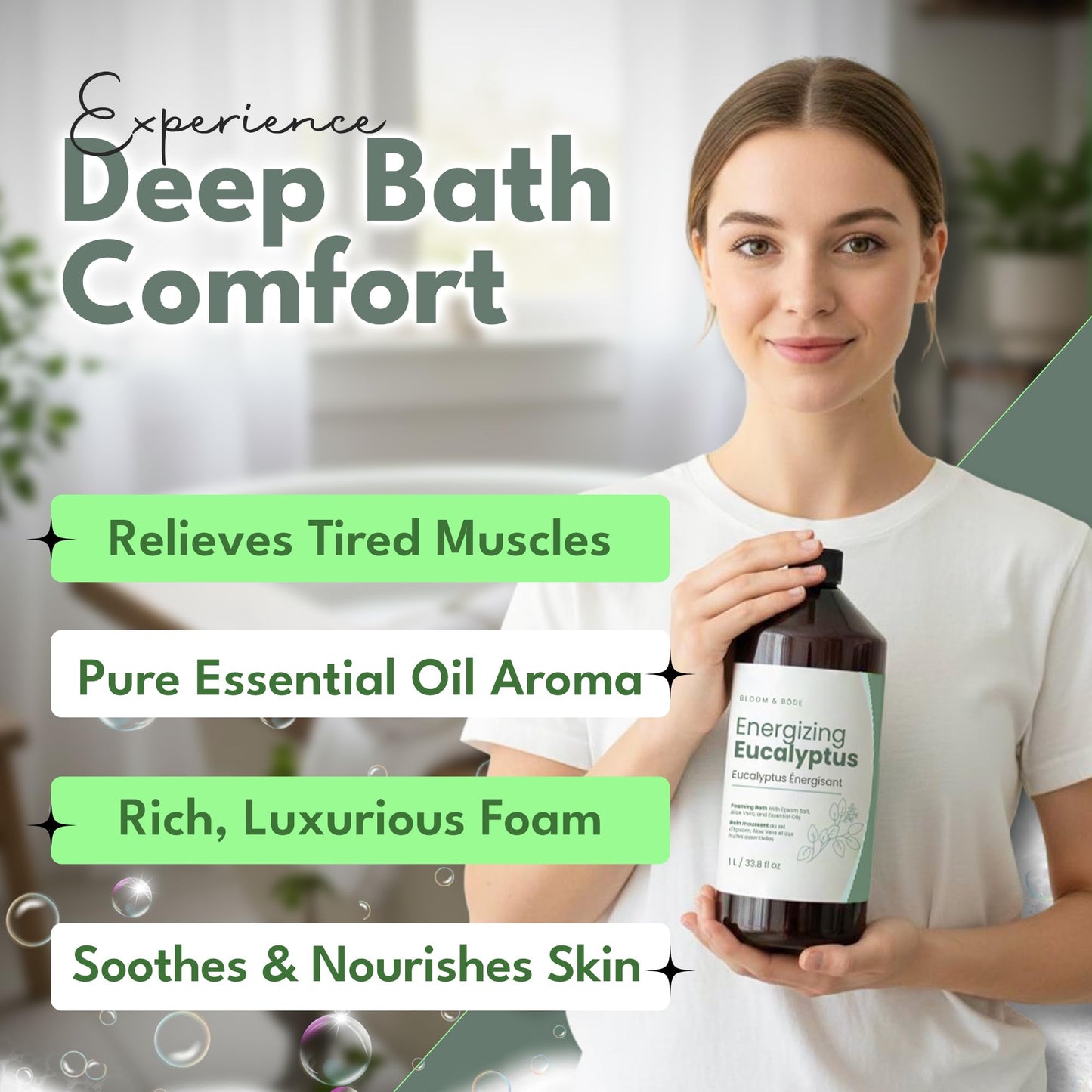 Luxury Foaming Bath - Natural Scented Bubble Bath with Essential Oils and Epsom Salt - Energizing Eucalyptus Scent, 33.8 fl oz / 1L