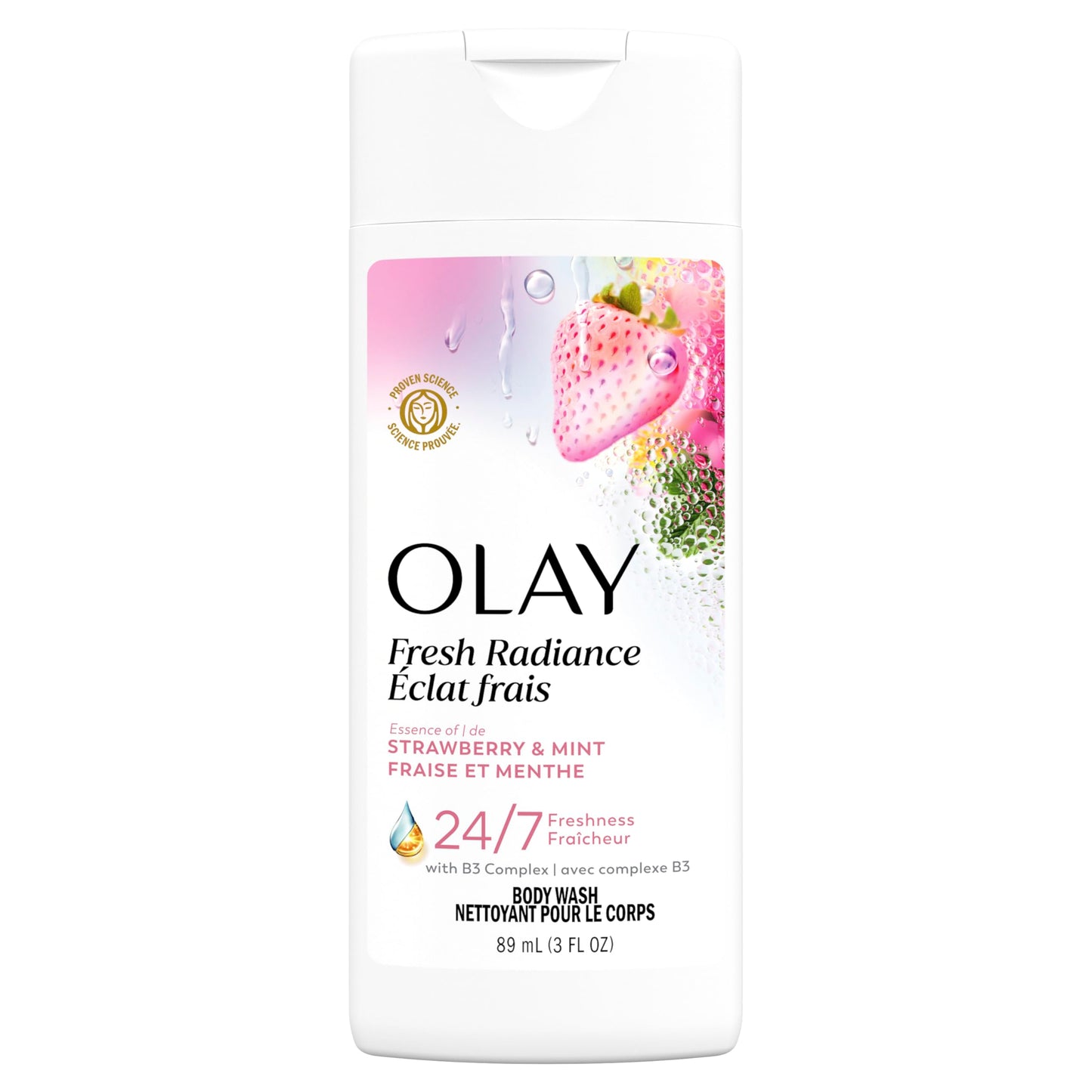 Olay Body Wash for Women, Fresh Radiance, Refreshing & Renewing, Made with Plant Based Cleansers, B3 Botanical Complex, For All Skin Types, Strawberry & Mint Scent, 3.0 fl oz (Pack of 24)
