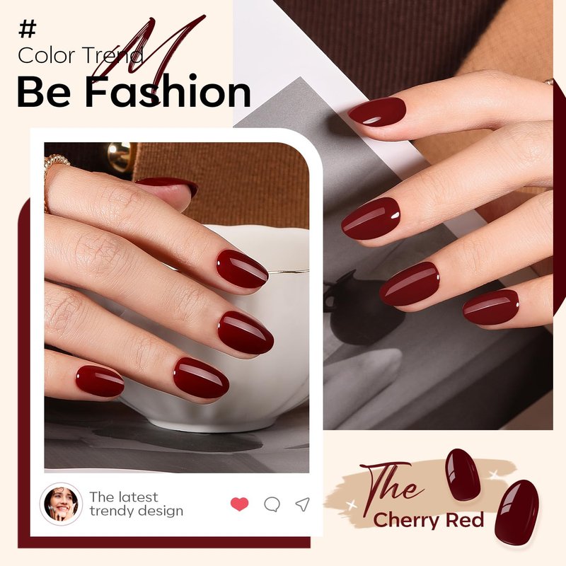 modelones Dark Red Short Press On Nails, Oval Fake Nails with Nail Glue, Adhesive Tabs, Nail File, Prep Pad, Manicure Stick, 32Pcs 16 Sizes, Cherry, Spring Women Girl Gift