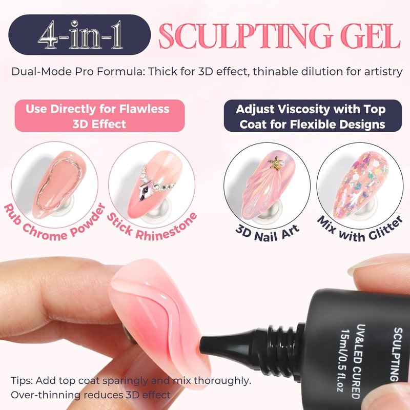 Luckyfairy 3D Gel Nail Art - 15g Sculpting Gel for DIY Nail Designs | No Wipe Clear, Molding & Chrome Powder