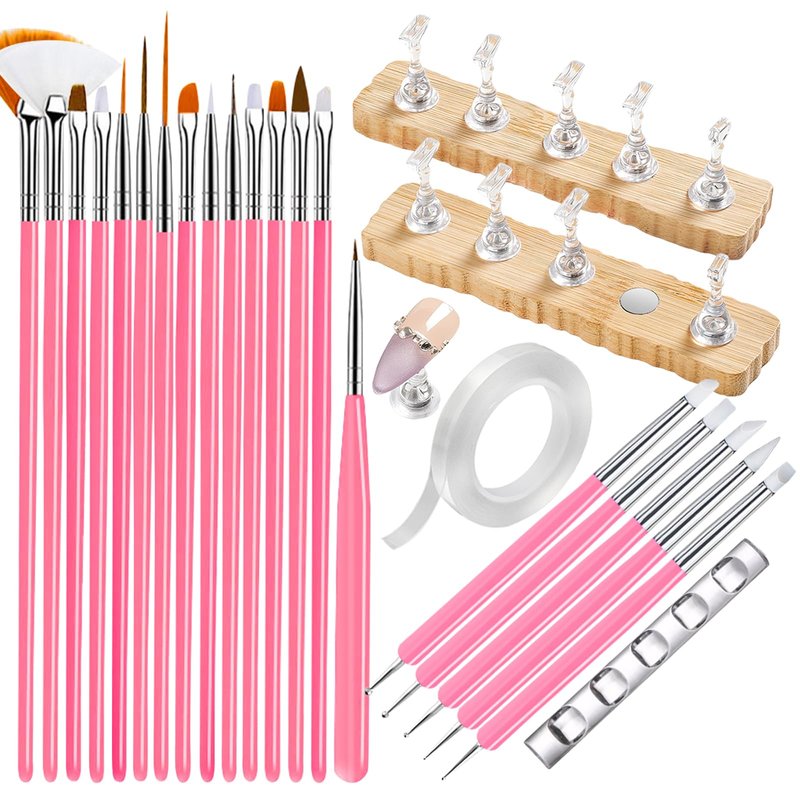 ESUOHYM Nail Stand For Press On With Nail Art Brushes Nail Holder For Painting Practice Display Presson Nails Nail Art tools Set with Nail Dotting 3D Sculpting tools, Practice Kit Tech