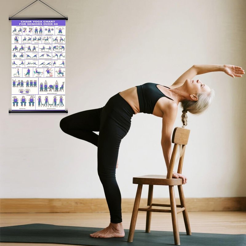 GiftNest Chair Yoga Wall Chart – 31 Poses for Seniors & Beginners – Fabric Poster with Hanging Rod & Rope – Durable, Foldable, and Easy to Display in Home or Office – Stretching & Mobility Guide