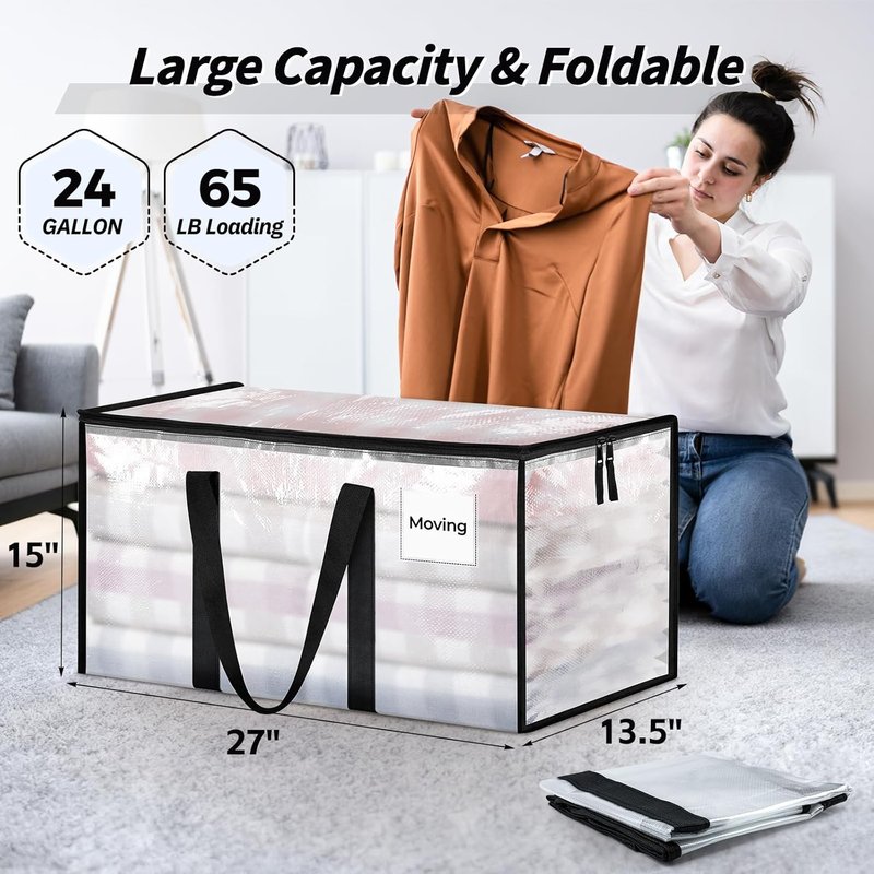 Extra Large Heavy Duty Moving Bags - 8 Pack Clear Storage Totes with Reinforced Handles & Zippers | Ideal for Clothes & College Supplies