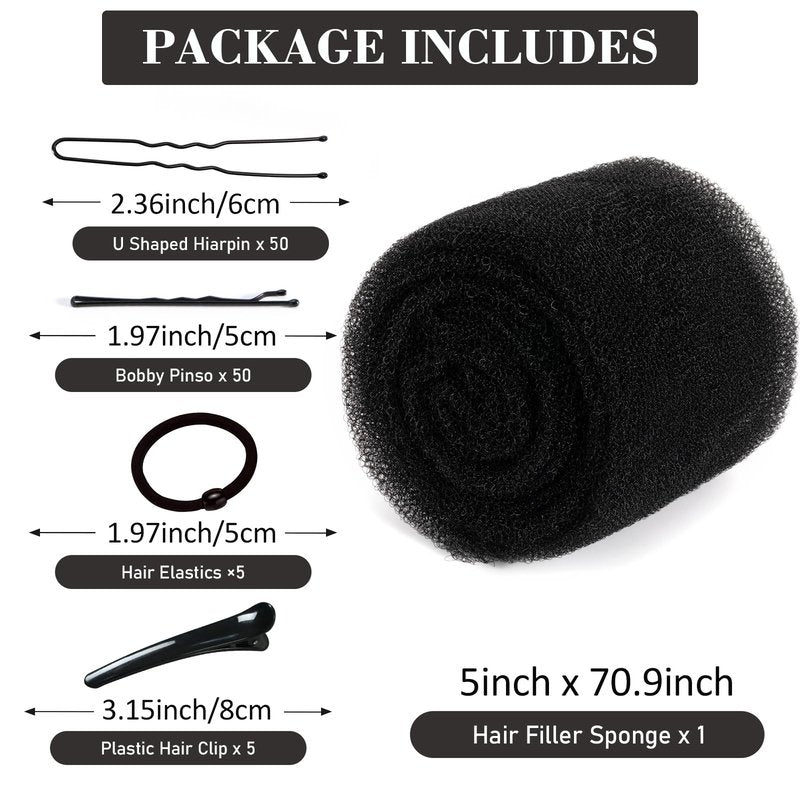 Hair Bun Maker Set for Women, Black Hair Volume Inserts & Donut Shaper, Updo Styling Sponge and Filler Tool for Natural, Full-Looking Buns