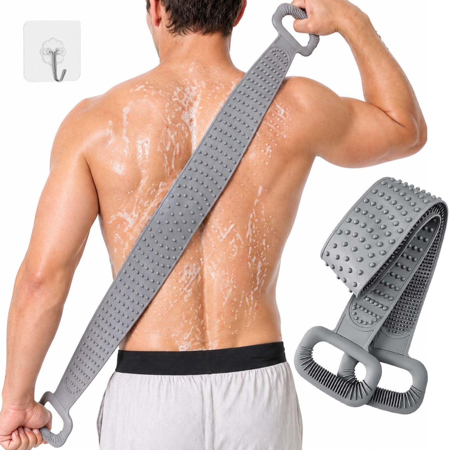 Manmihealth Silicone Back Scrubber for Shower, 36'' Extendable Back Washer with Long Strap Handle, Dual-Sided Silicone Body Brush for Men and Women (Gray)