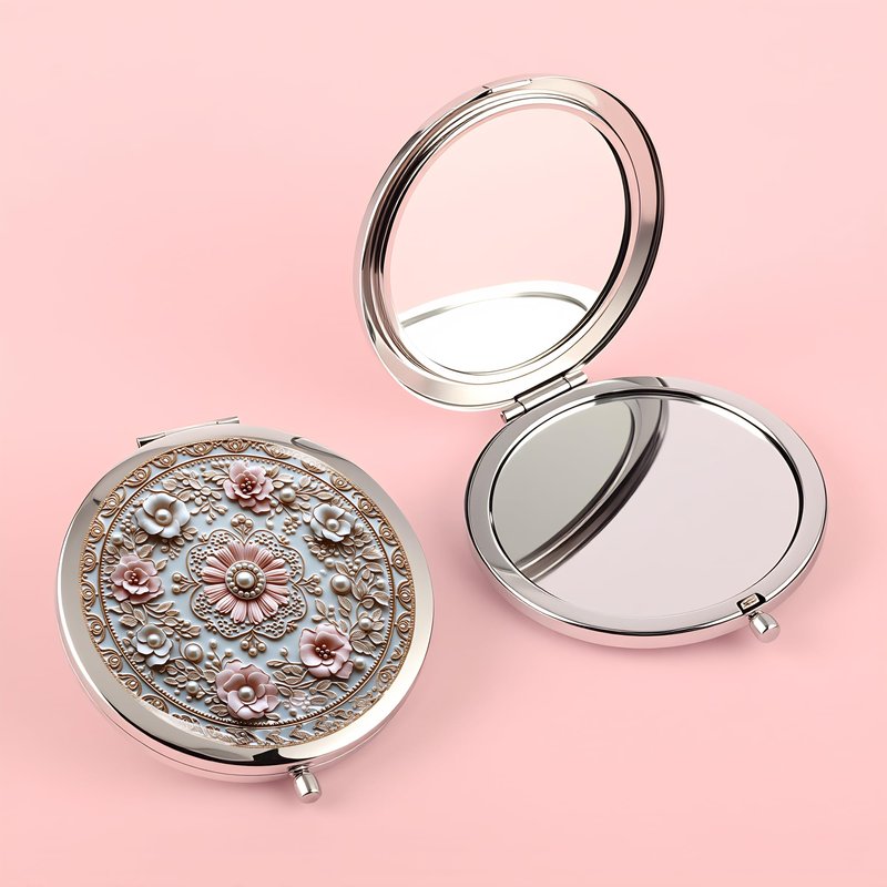 Silver Compact Mirror, 2.8x2.8inch Double-Sided Folding Makeup Mirror with Pink Floral Relief Design, Ideal Gift for Women