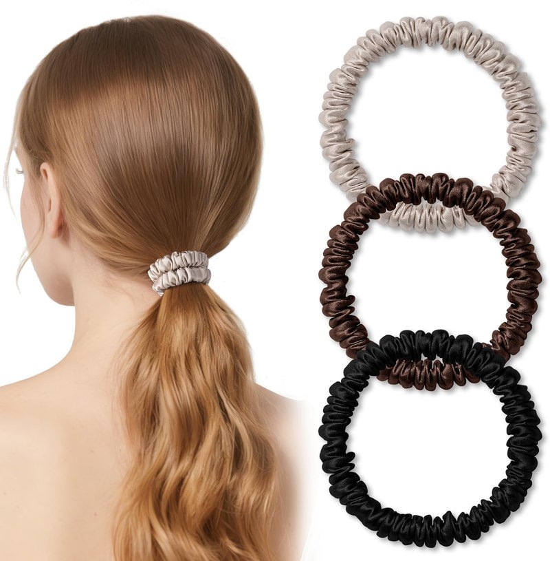 Silk Hair Ties Thin 0.4 Inch Wide, 100% Mulberry Silk 6A 22 Momme, Soft & Gentle No-Crease for Fine Hair, Ponytail Hold, Women & Girls, Fabric Sample Included (Black & Brown & Light Brown)