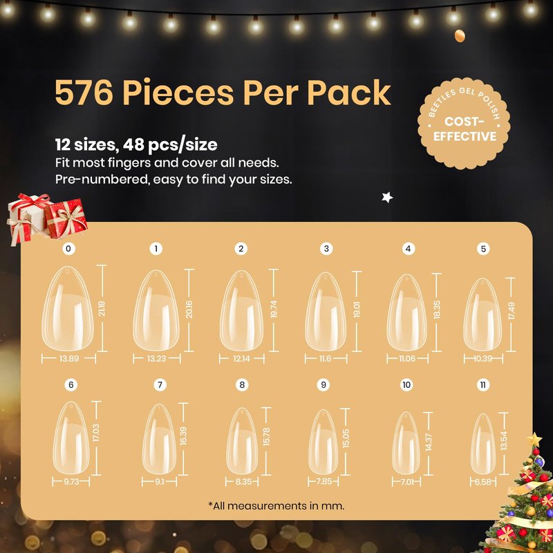 Beetles Gel Nail Tips 576Pcs Pre-shape Short Almond Etch-X Nail Tips,12 Sizes Soft Acrylic False Nail Tips Half Matte Full Cover Easy DIY Press On Nail Extensions Art Salon Gift Set for Women