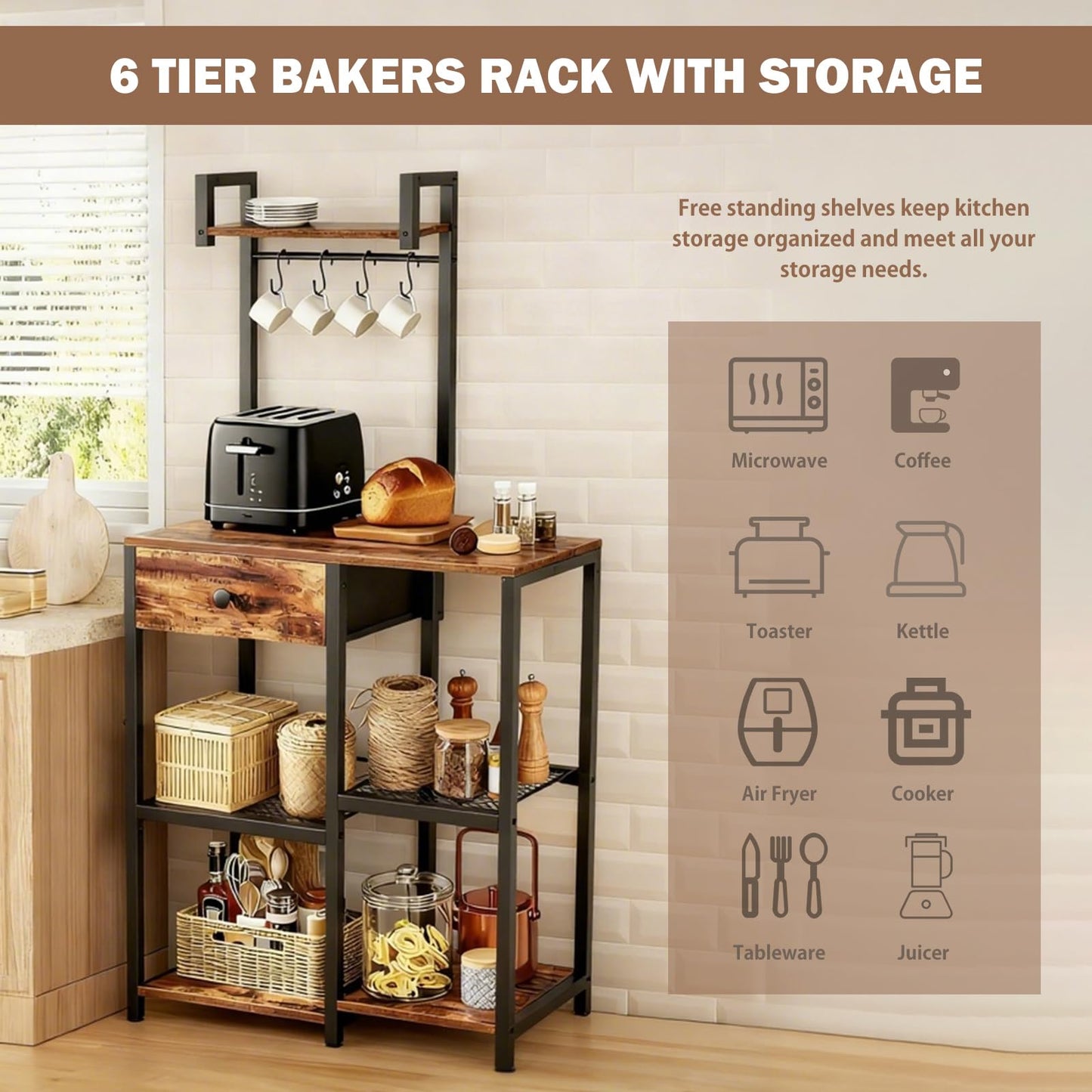 Bakers Rack with Storage,Microwave Stand with Drawer,6 Tier Coffee Bar Organizer Station,Adjustable Microwave Stand with Hooks,Free Standing Kitchen Appliance Storage Shelf,Baker Rack for Spices,Pots