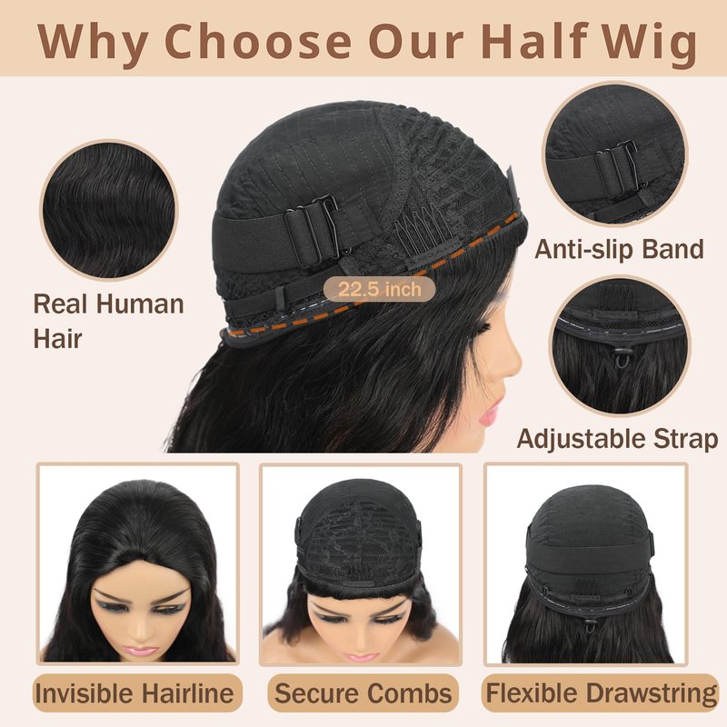Rsshnlo Body Wave Half Wig Human Hair 200% Density 3 In 1 Wear and Go Glueless Wigs Human Hair Seamless Half Wigs Human Hair Flip Over Wig Drawstring Headband Wig Human Hair Beginner Friendly 26 Inch