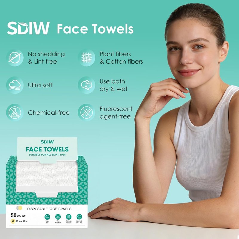 Face Towels 10"×12", XL Disposable Facial Towels, Extra Thick Clean Face Towelettes, Ultra Soft Makeup Remover Dry Wipes for Sensitive Skin, Cleansing, Travel, 50 Count