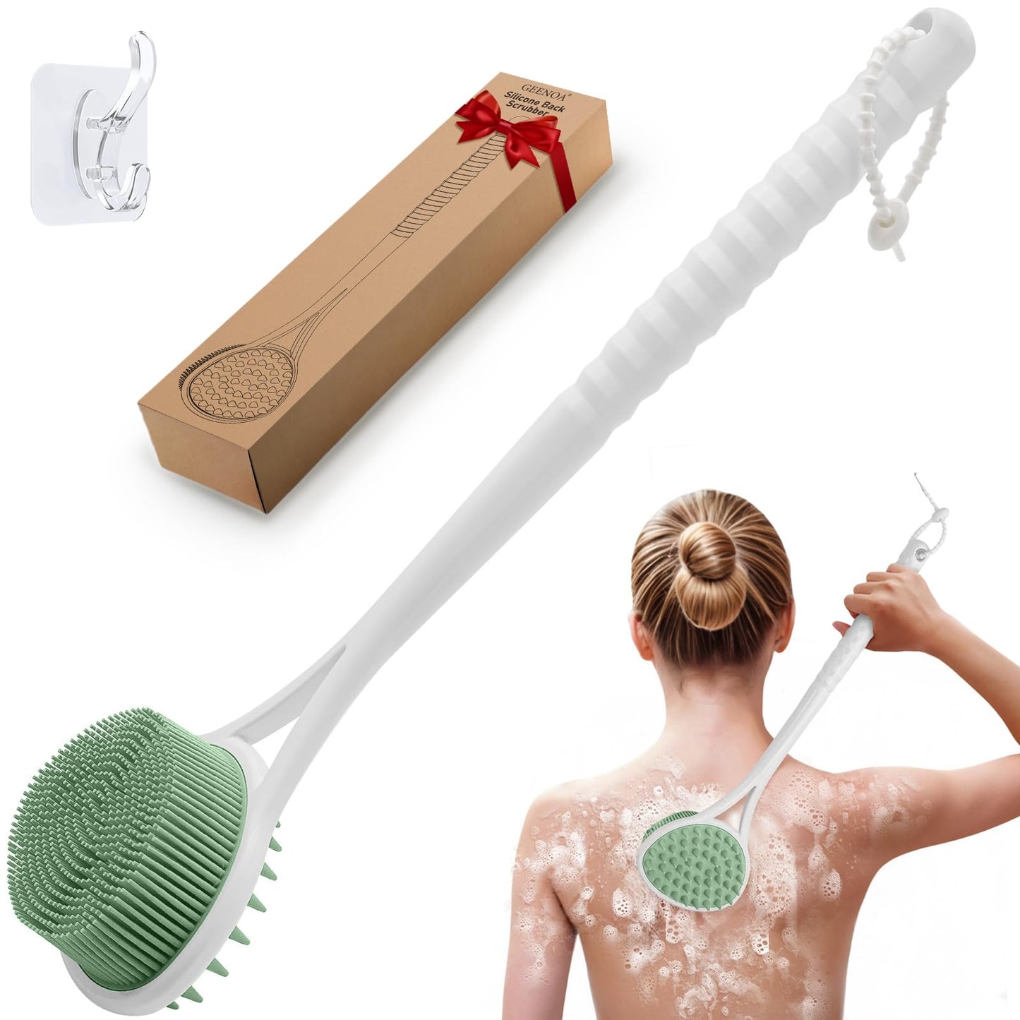GEENOA Back Scrubber for Shower, 15.35’’ Soft Silicone Back Scrubber with Dual-Side Brush Head, Long Handle Back Brush Shower Brush with Lathering Soft Bristles and Scrubbing Thick Bristles(Green)
