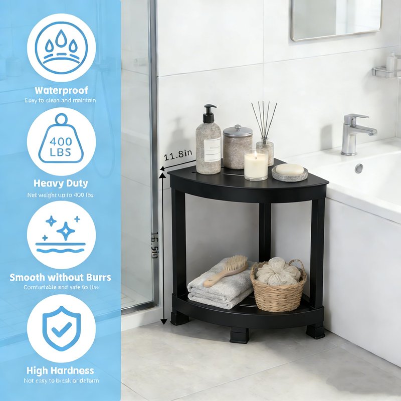 CROWNFURN Shower Foot Rest, HIPS Waterproof Shower Stool for Inside Shower, Corner Shower Bench for Shaving Legs with Baffle Storage Shelf for Small Space, Rapid Assembly DIY Combination Shelf (Black)