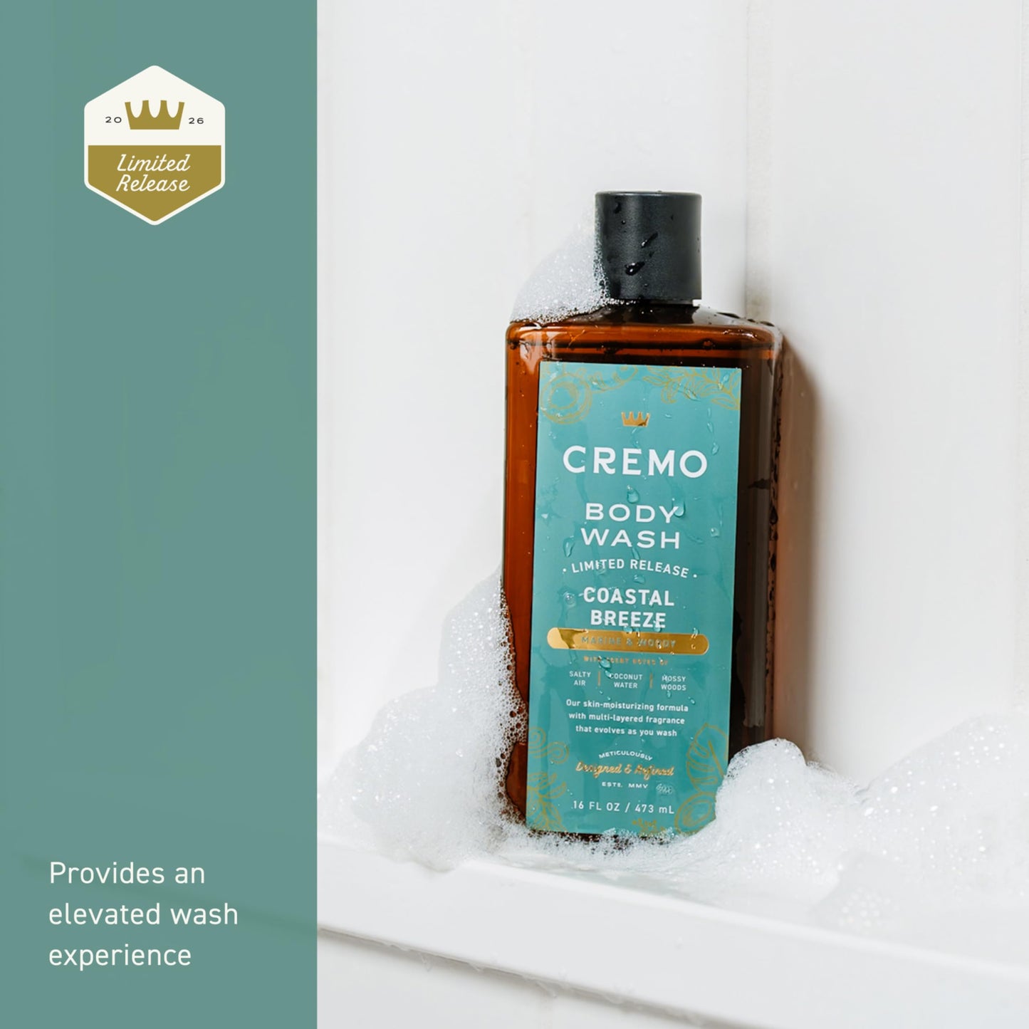 Cremo Rich-Lathering Coastal Breeze Body Wash Men, Notes of Salty Air, Coconut Water, and Mossy Woods, 16 Fl Oz