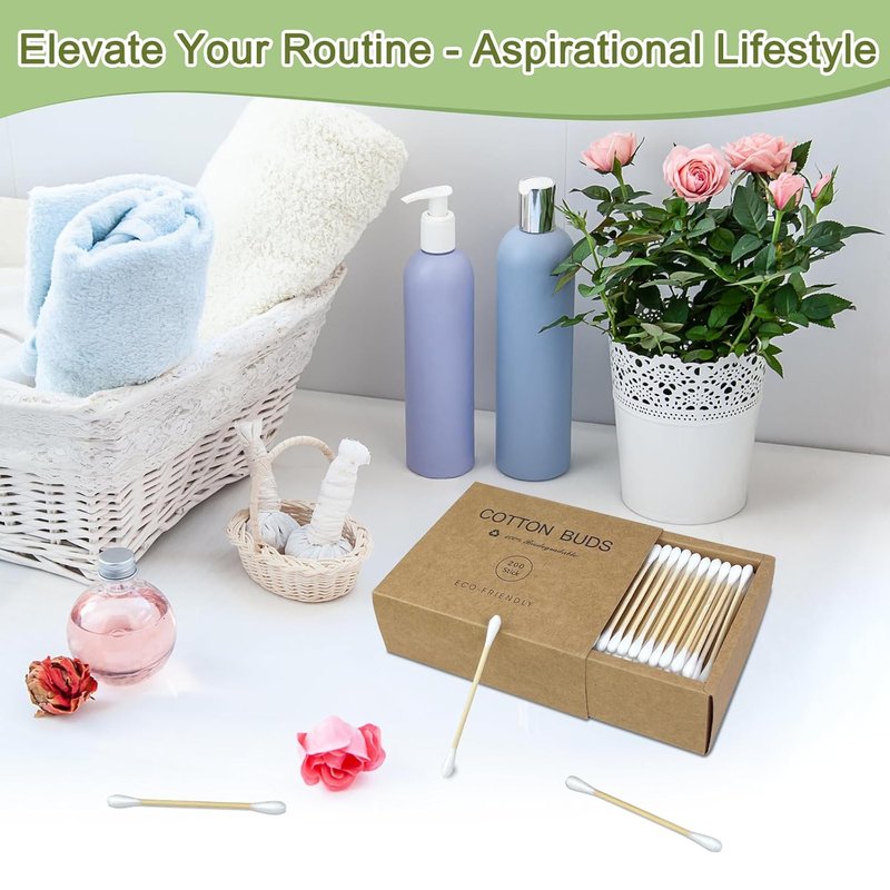 Bamboo Cotton Swabs - Biodegradable Organic Cotton Buds with Wooden Sticks | 200 Count for Makeup & Ear Cleaning