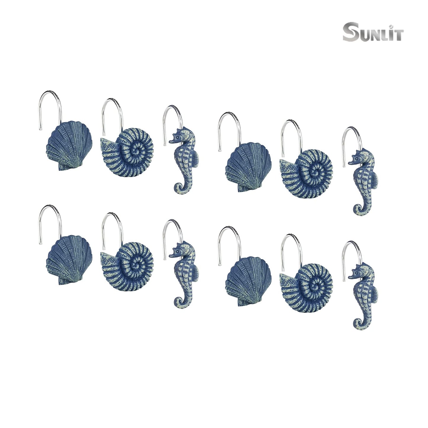 Sunlit Seashells Decorative Shower Curtain Hooks, Blue Ocean Creatures Coastal Shower Curtain Rings, Resin, Nautical Bathroom Decoration Beach Shower Curtain Hooks-12 Pack