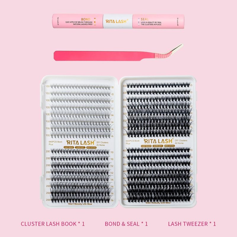 RITALASH Lash Extension Kit - 640pcs DIY Cluster Lashes with Bond & Seal | 10D-40D, 10-16mm Sizes