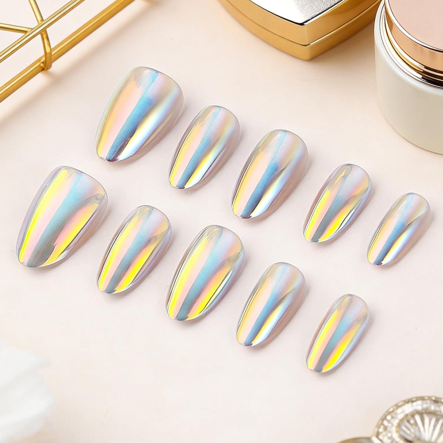 Skiennix Short Almond Press-On Nails - Chrome Metal Mirror Design | 32 Pcs Glossy Full Cover Acrylics