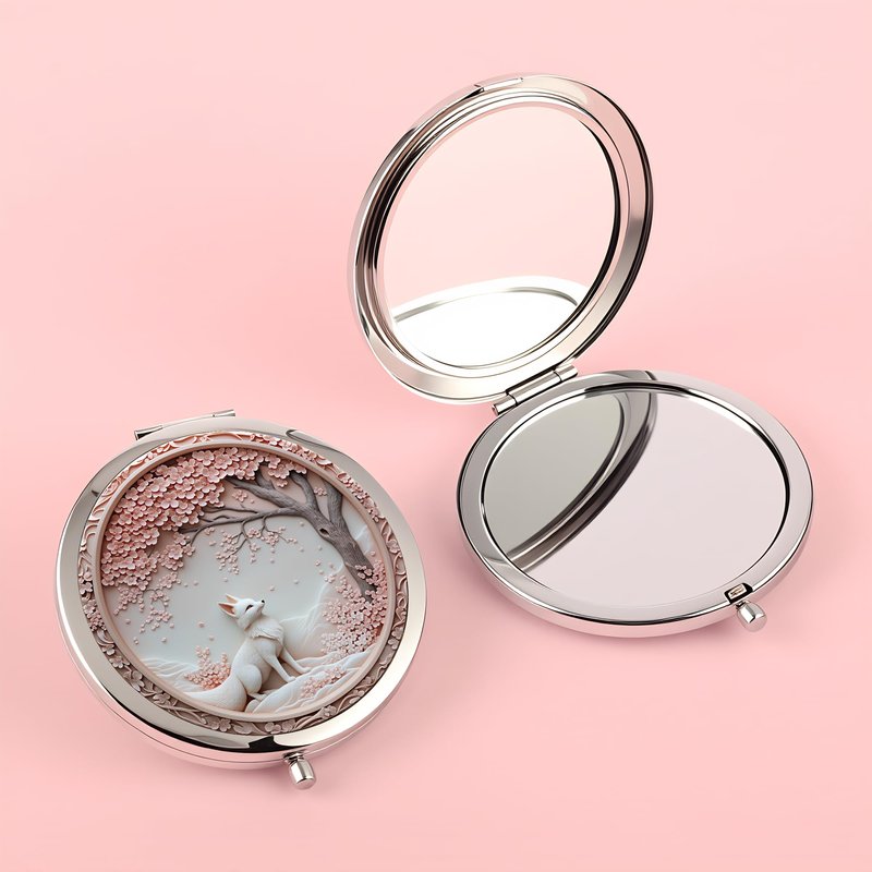 Silver Compact Mirror, 2.8x2.8inch Double-Sided Folding Makeup Mirror with Cherry Blossom White Fox Design, Ideal Gift for Women
